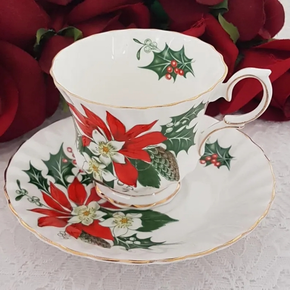Christmas Cup and Saucer English Bone China Tea Cup - Queen Anne Noel Pattern